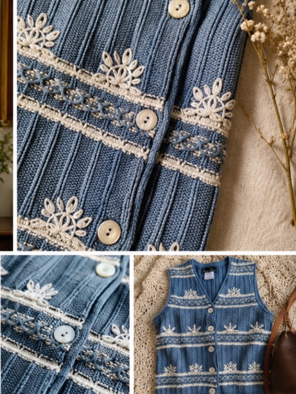 Vintage Blue Embroidered Button Front Sweater Vest Cotton Knit - Picture 5 of 6
